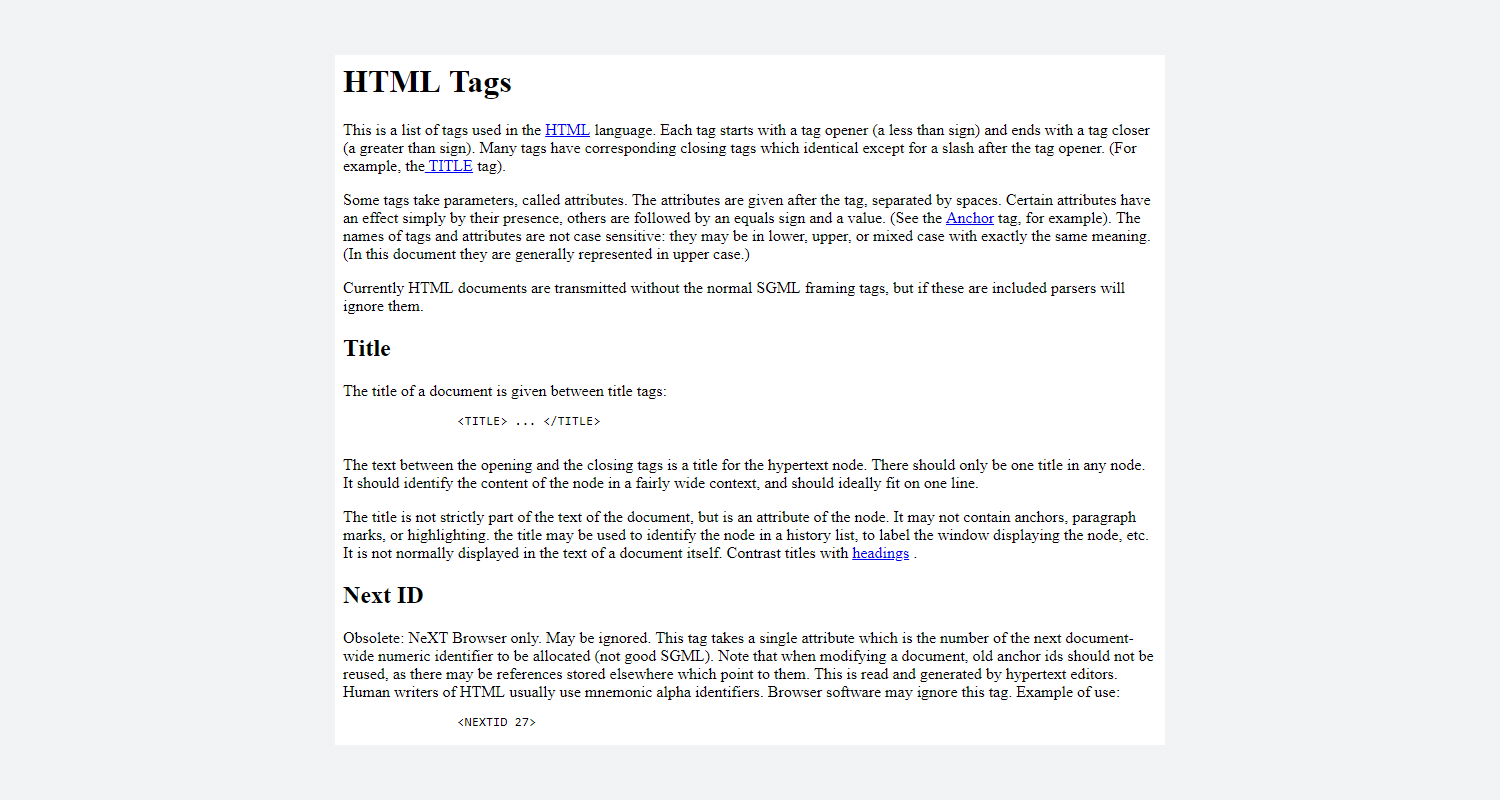 The memo that Tim Berners Lee wrote about HTML tags. Here he outlines title, Next ID and more.