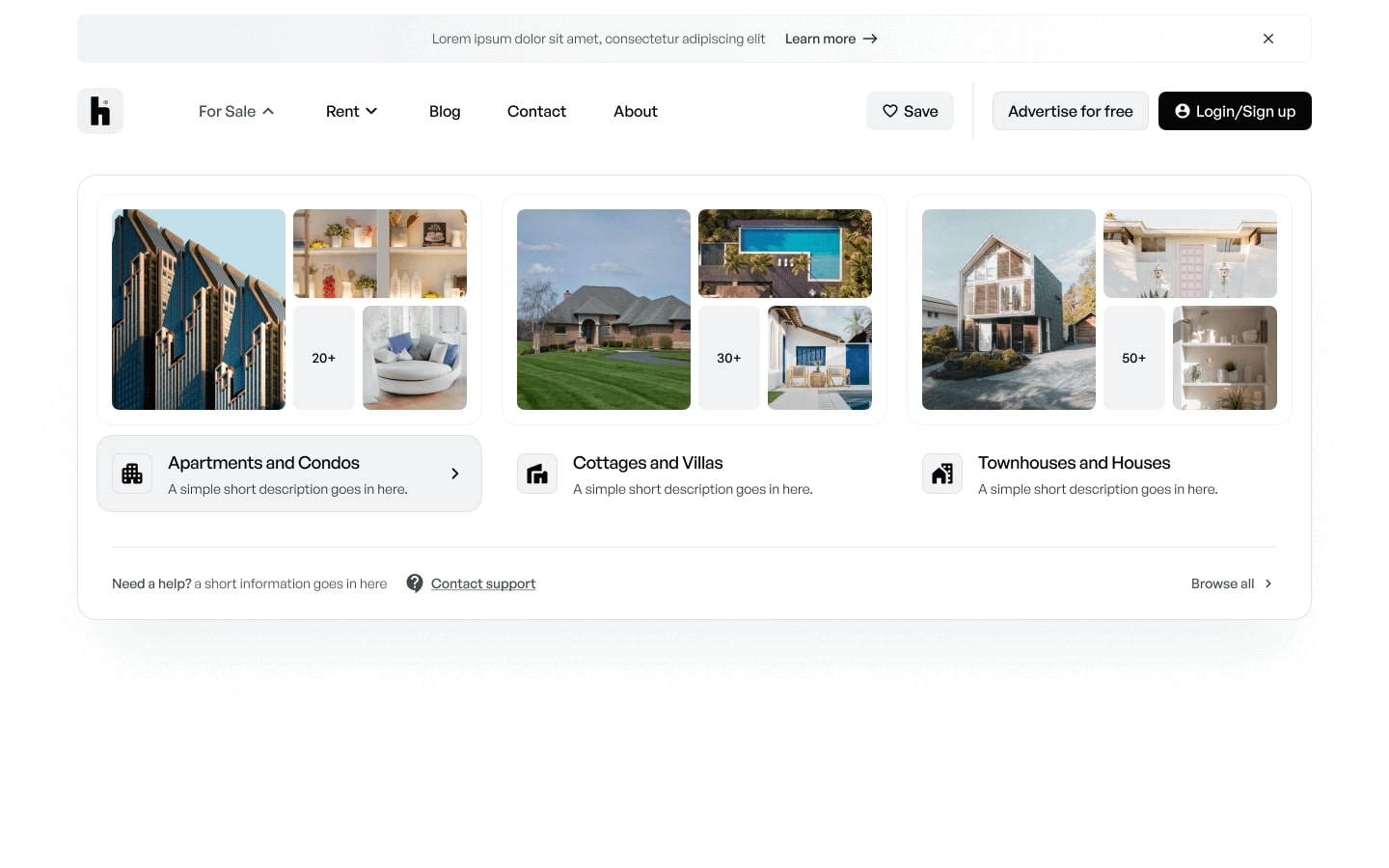 Flowbase mega-navigation components, showing setups for different real estate websites.