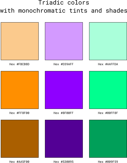 An image of Triadic colors with monochromatic tints and shades.