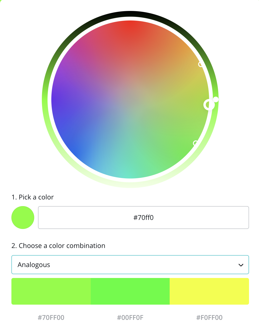 An image of the Color picker tool, showing how to create a split complementary color scheme by picking analogous colors to electric violets complementary color, bright green.