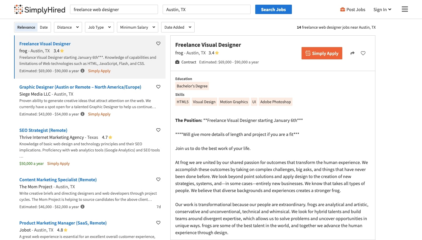 Job search for "freelance web designer in Austin, TX on SimplyHired