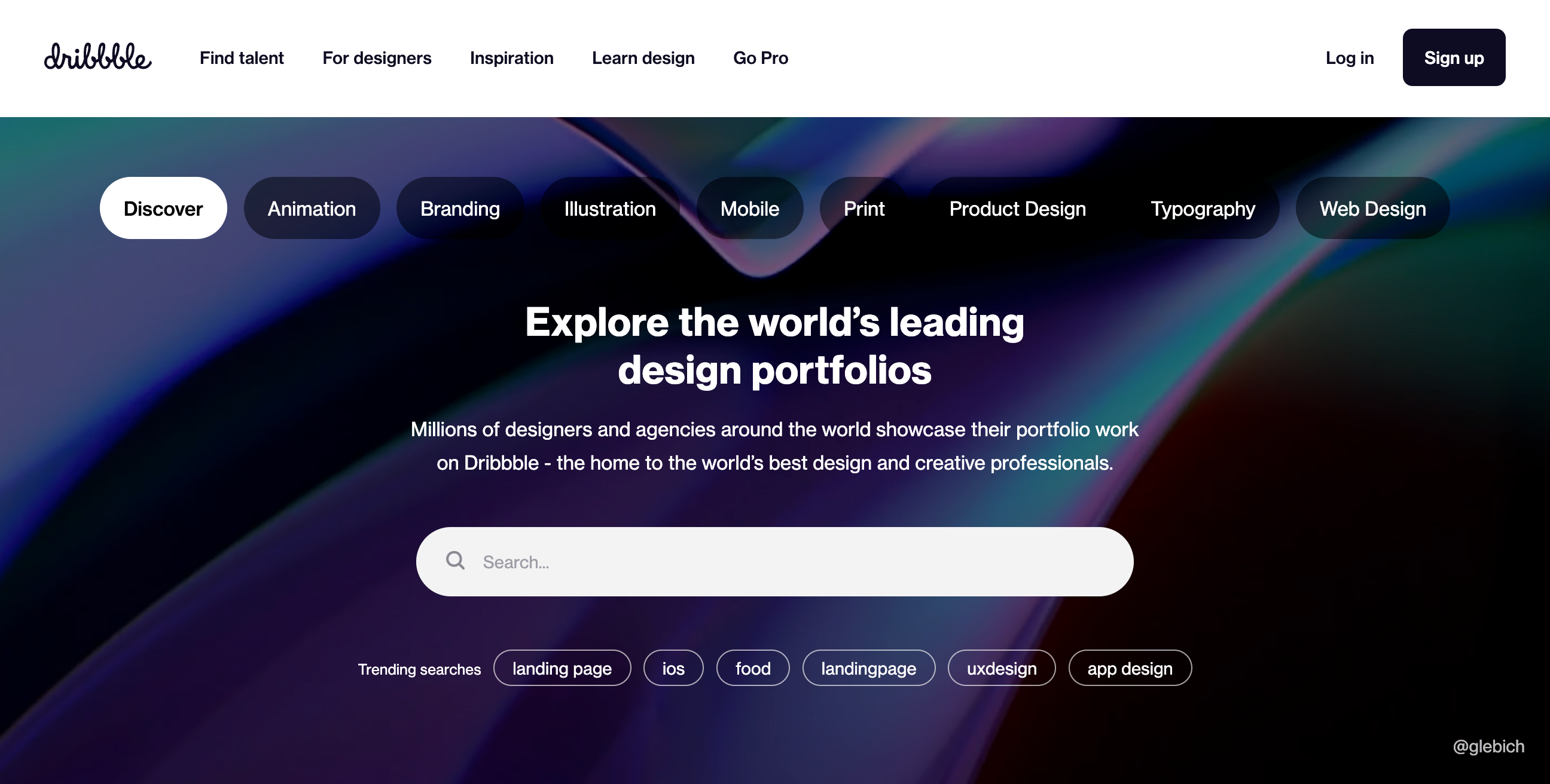 Screenshot of Dribbble's homepage featuring an online job search