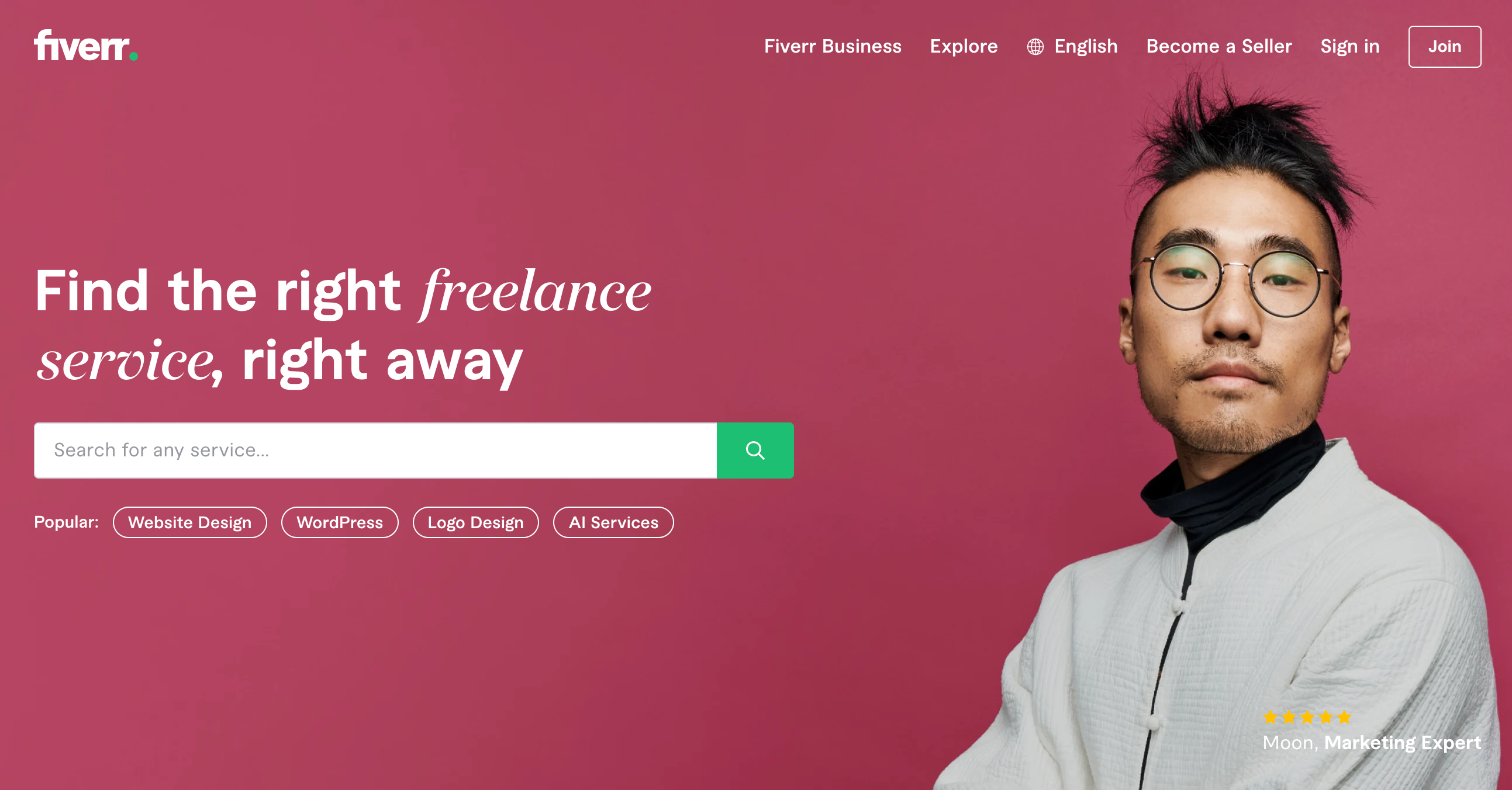 Screenshot of Fiverr homepage which shows a search bar for a freelance service
