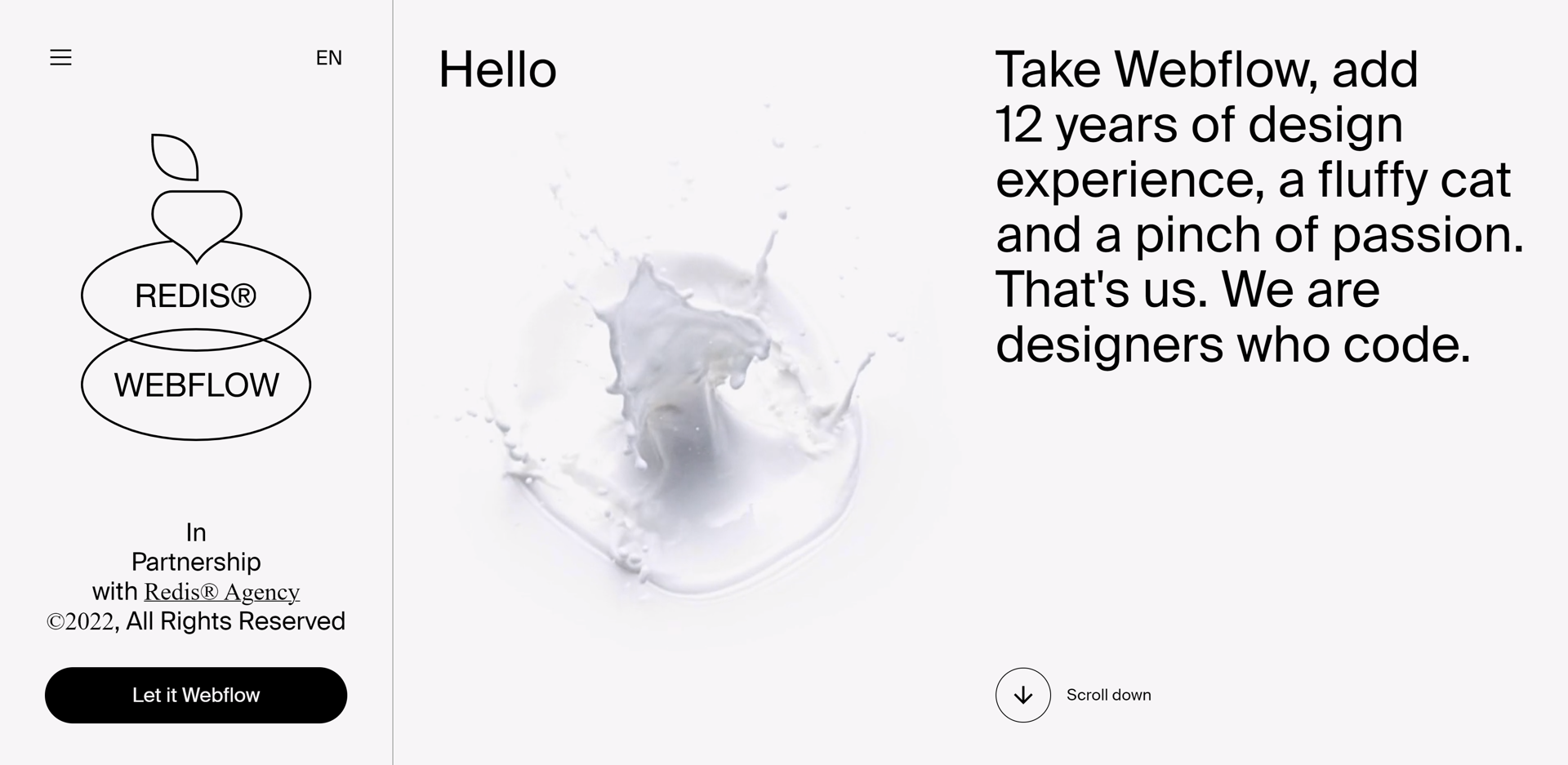 A screenshot of Redis’ “Hello” section on its landing page, with a background image of a milk splash, a menu and logo to the left, and black text on the right.