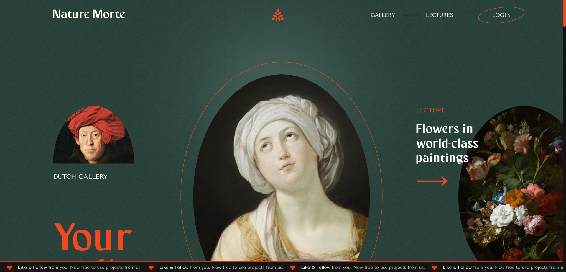 A screenshot of Nature Morte’s landing page featuring a bottle green background, white and orange text, and paintings on the left, middle, and right of the screen.