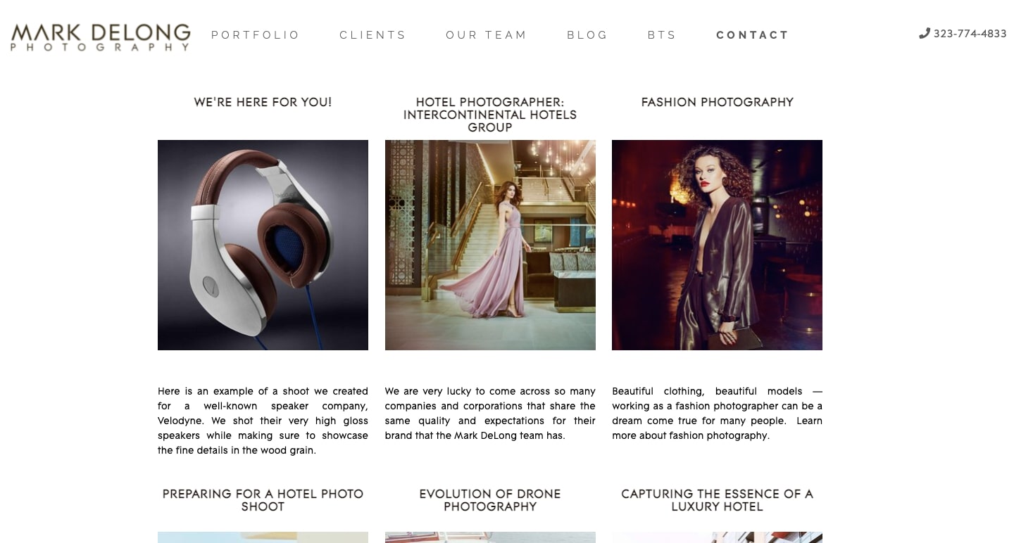An image of Mark Delong's photography website.