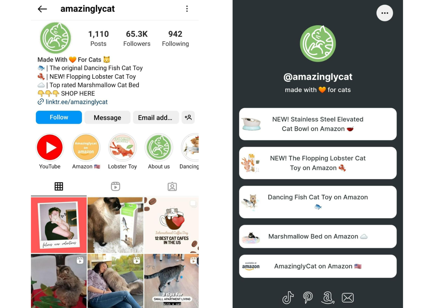 The Instagram page for online cat toy store Amazingly Cat features a Linktree link. Clicking on the link takes visitors to a simple site with clickable buttons to the Amazon pages for key products.