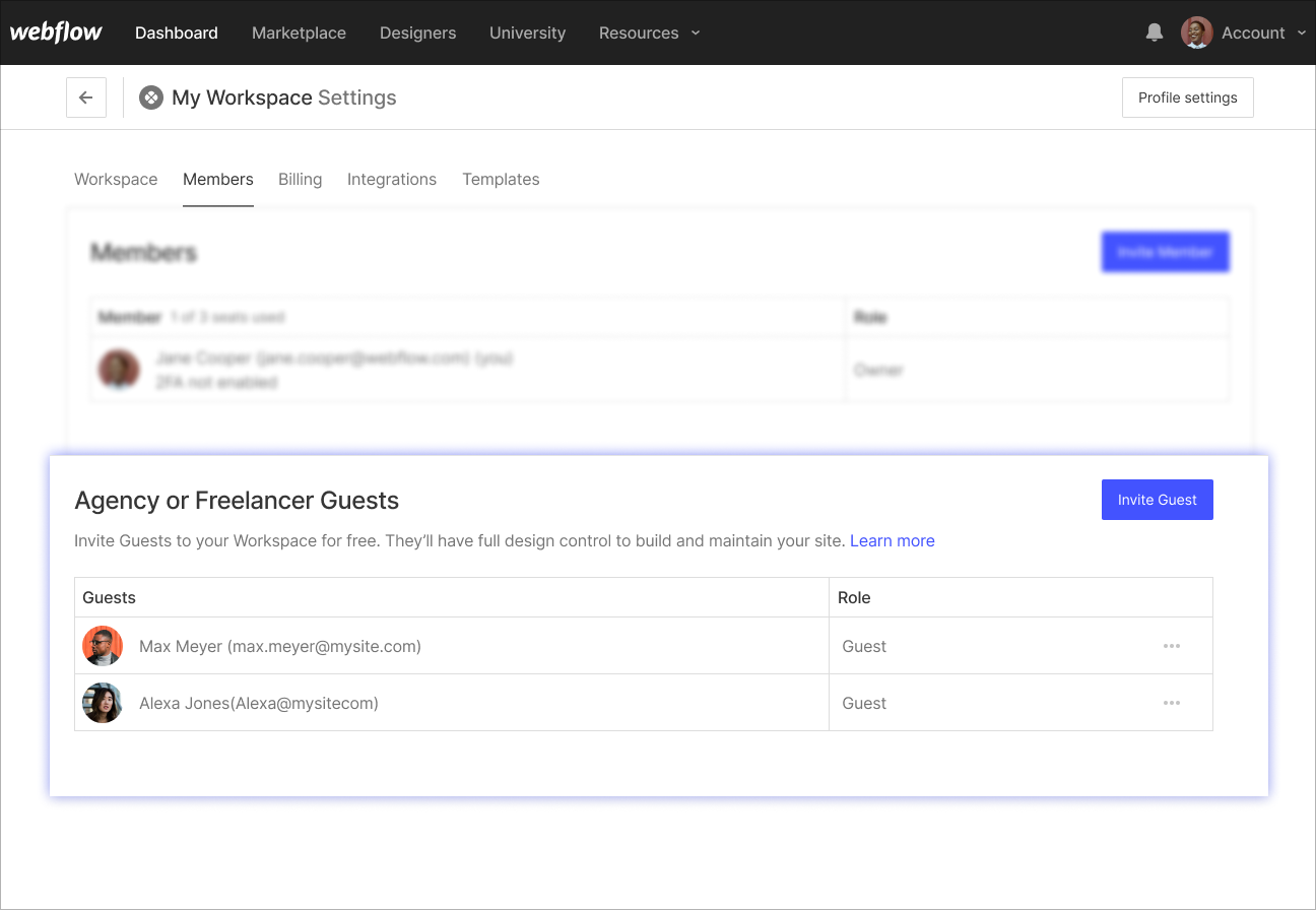 An image of "My Workspace Settings" in Webflow where you can invite Agency or Freelancer Guests into your Workspace.