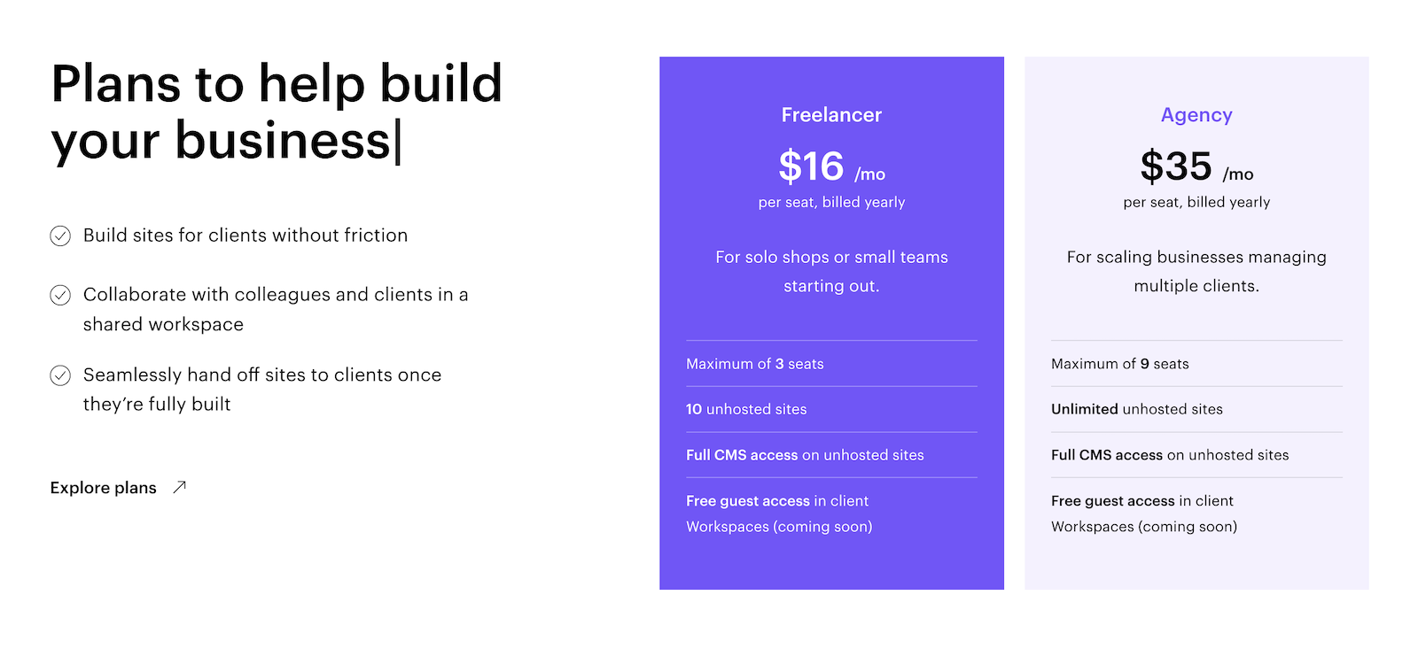Plans: Freelancer $16/mo, max 3 seats, 10 unhosted sites, full CMS access on unhosted sites, free guest access in client workspace. Agency $35/mo, max 9 seats, unlimited hosted sites, full CMS access on unhosted sites, free guest access in client workspaces.