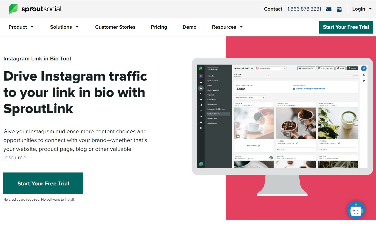 SproutLink’s homepage featuring the text “Drive Instagram traffic to your link in bio with SproutLink” and a button saying “Start your free trial.” On the right, a desktop mockup shows the link in bio site for a coffee store