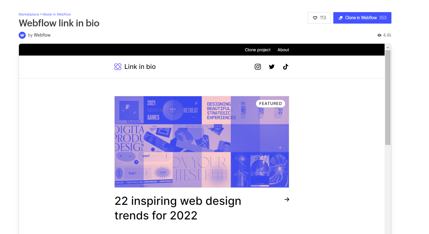 Webflow’s link in bio example site, part of the Made in Webflow series, shows a blue collage image and the text “22 inspiring web design trends for 2022.