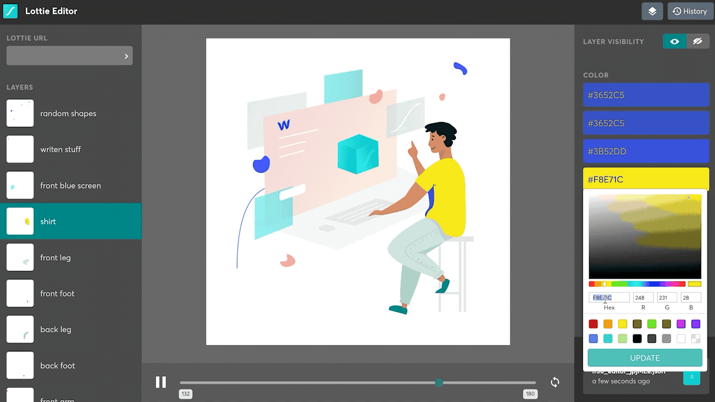Use LottieFiles' free web editor to tweak animation layer colors before downloading the JSON files to use on your site.
