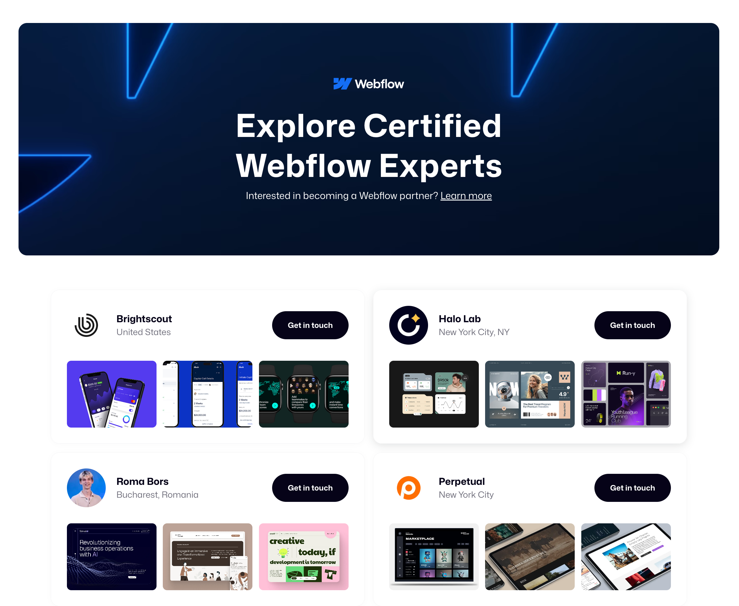 The Dribbble marketplace landing page for Webflow Certified experts