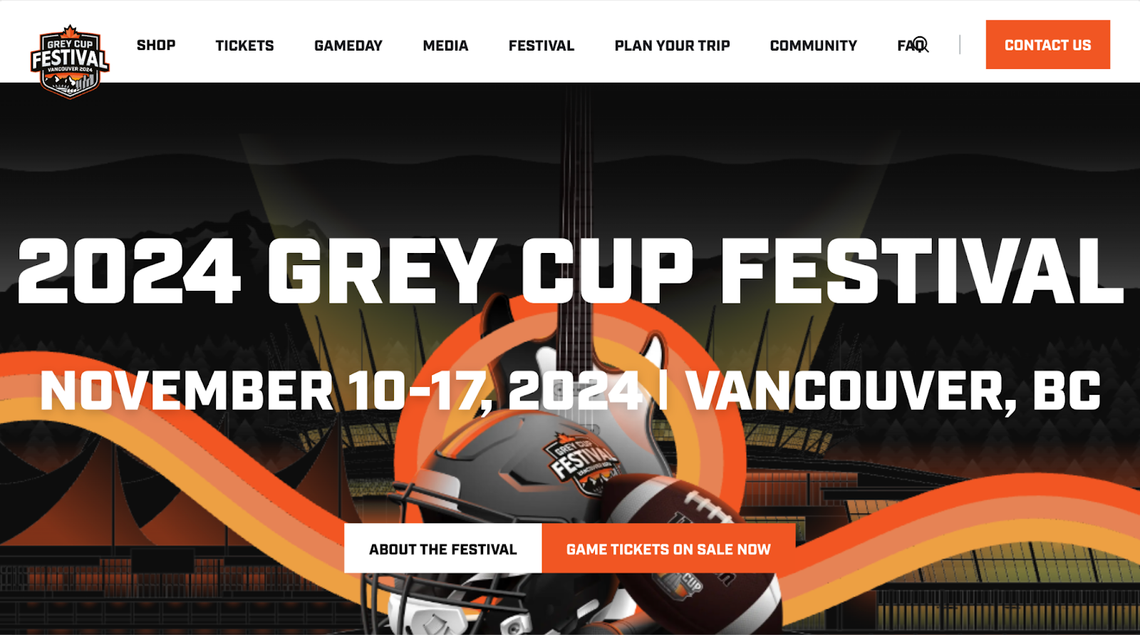 Grey Cup Festival 2024 promotional webpage showing a football helmet and event details. The page displays '2024 GREY CUP FESTIVAL' as the headline with 'NOVEMBER 10-17, 2024 | VANCOUVER, BC' underneath. The top navigation menu includes options for SHOP, TICKETS, GAMEDAY, MEDIA, FESTIVAL, PLAN YOUR TRIP, COMMUNITY, and FAQ. Two prominent buttons at the bottom read 'ABOUT THE FESTIVAL' and 'GAME TICKETS ON SALE NOW'. The Grey Cup Festival logo appears in the top left corner.