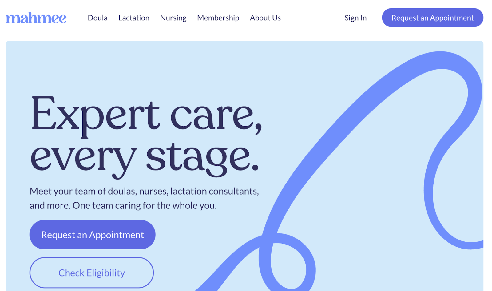 The mahmee homepage, featuring a periwinkle, blue, and white color palette, and headline text that reads "Expert care, every stage."