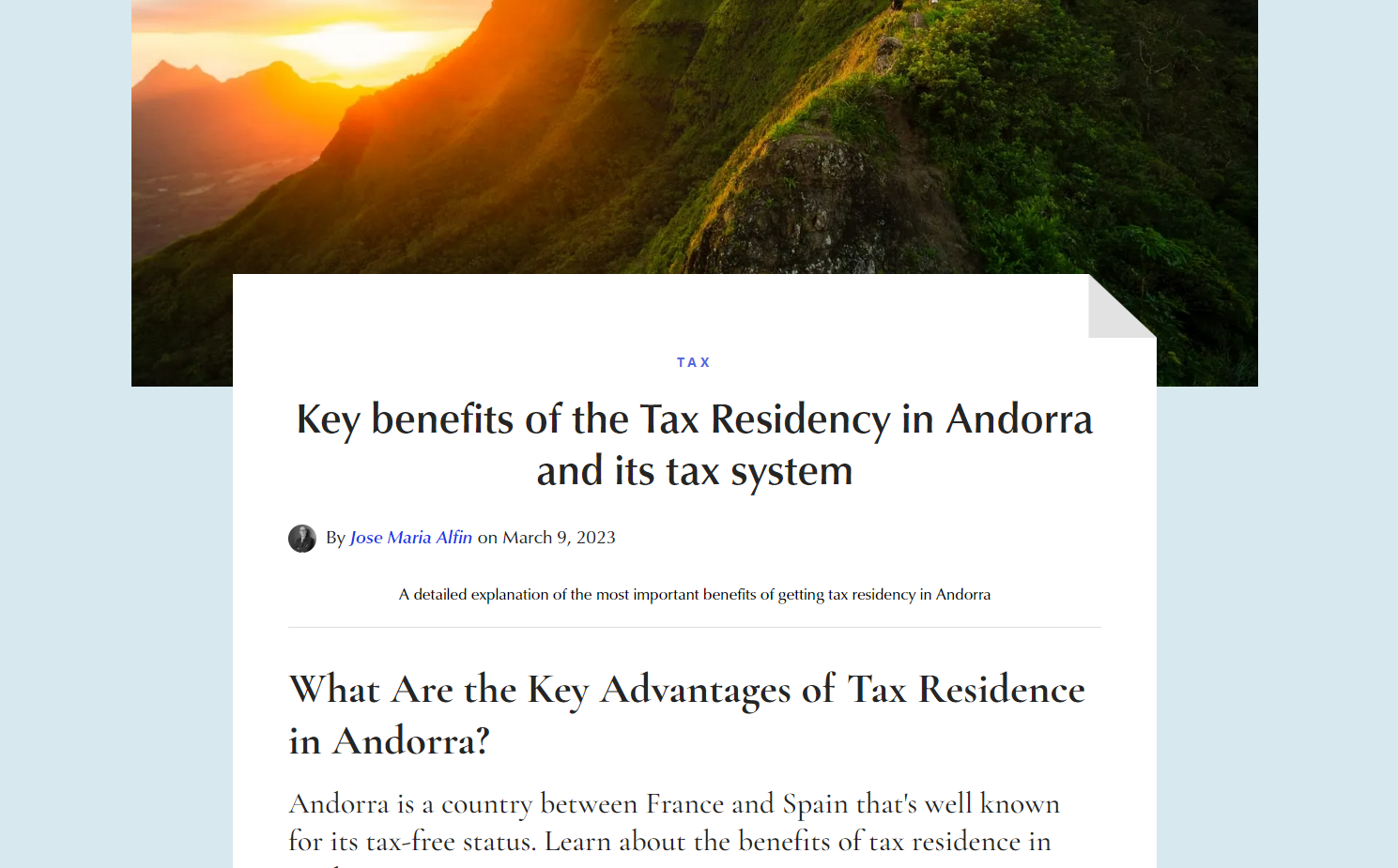 A dog-eared white page sits atop a photo of a green mountainside at sunset, both situated on a light-blue background. The headline on the white page is “Key benefits of the Tax Residency in Andorra and its tax system.”]