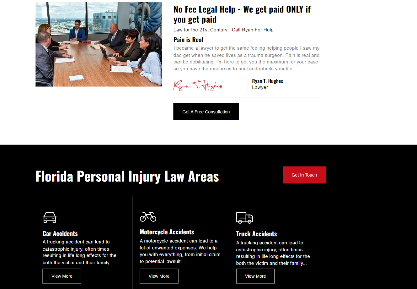 Section of the Hughes Law site that says: “Pain is real. I became a lawyer to get the same feeling helping people I saw my dad get when he saved lives as a trauma surgeon.” Below is a section showing Florida personal injury law areas with icons.