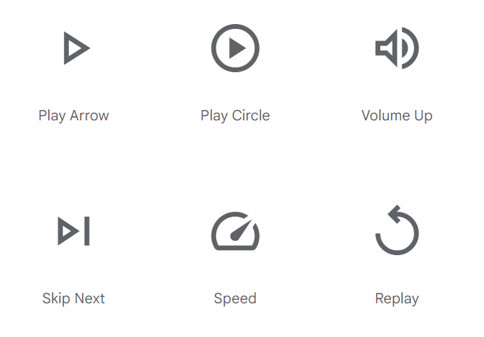 A 2-by-3 grid showing a collection of Google Fonts’ arbitrary icons for audio and video playback.