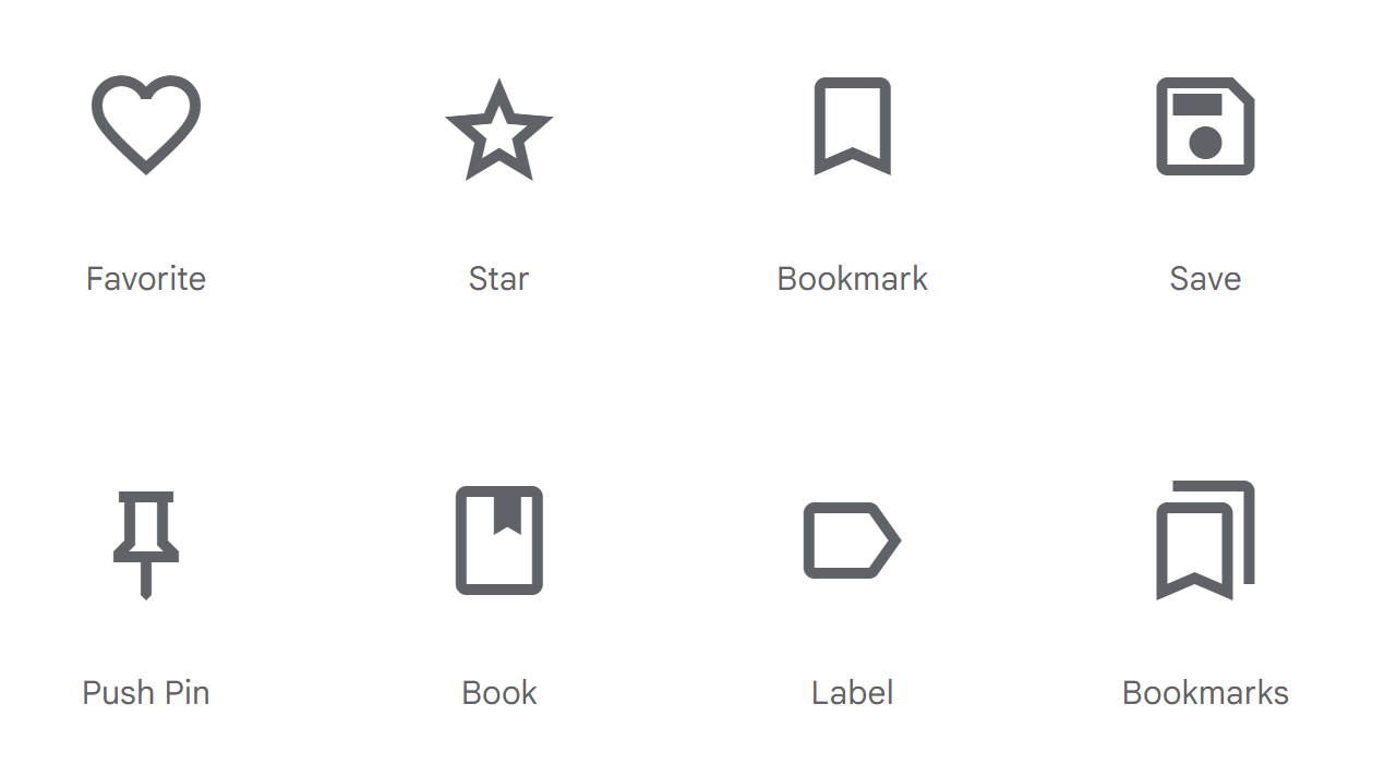 A 2-by-4 grid showing a collection of Google Fonts’ reference icons for various software functions