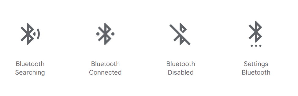 A row of four glyph icons from Google Fonts showing various Bluetooth states, including searching, connected, disabled, and settings.
