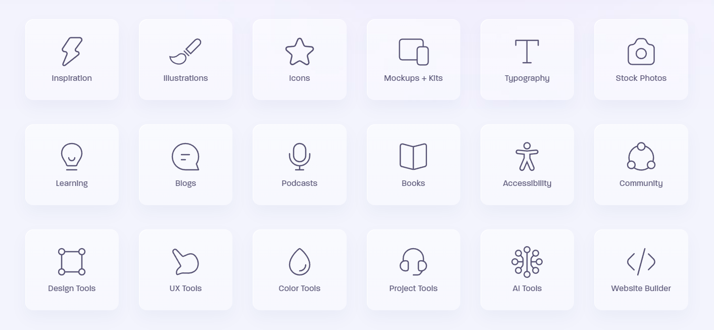 A 3-by-6 grid showing a collection of flat icons for different design categories such as tools, blogs, illustrations, and typography.