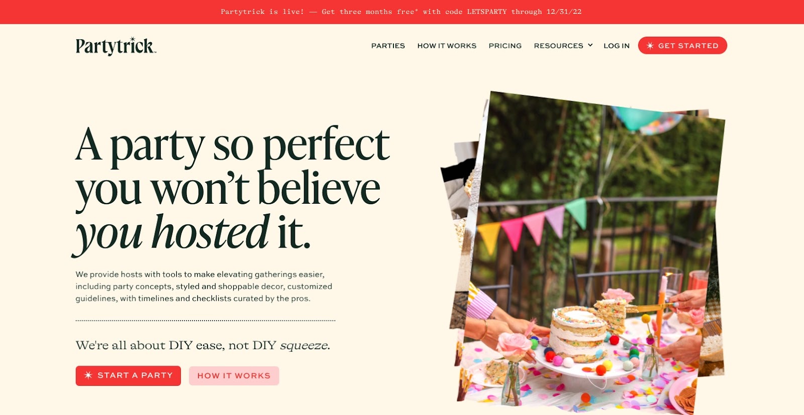 The pale yellow Partytrick website, featuring scarlet CTA buttons, imagery of a birthday party spread, and header text that reads "A party so perfect you won't believe you hosted it.",