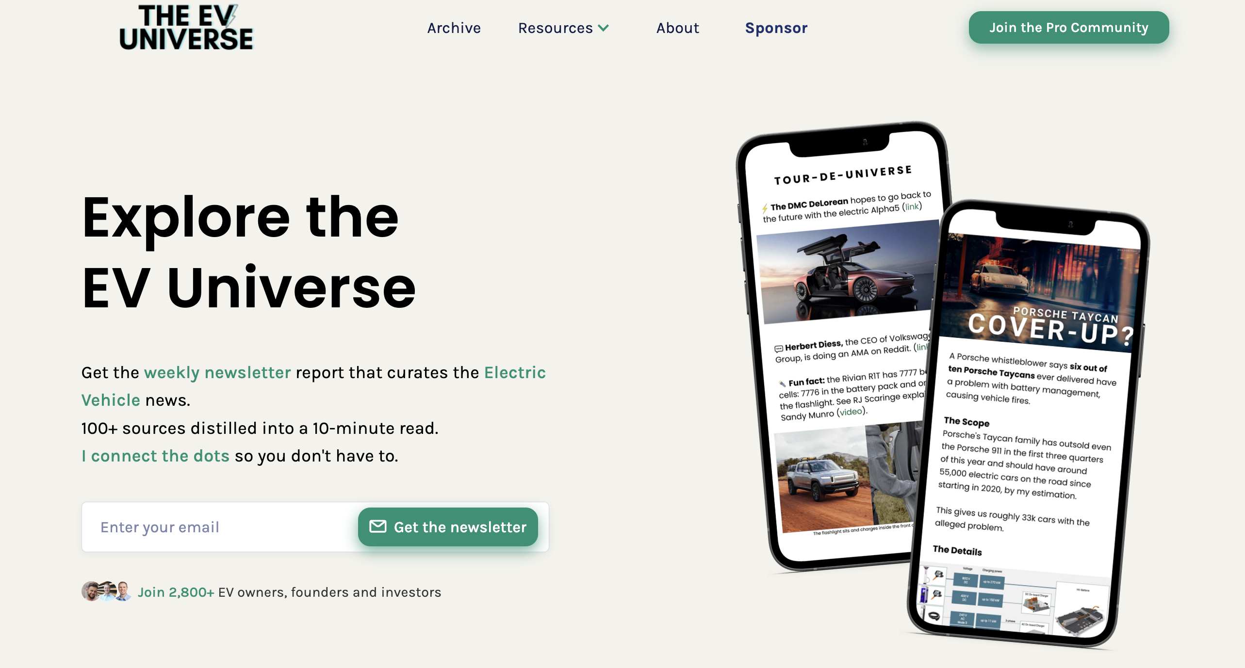 The EV Universe homepage, featuring mobile device mockups of their newsletter on the right and an email submission form on the left.