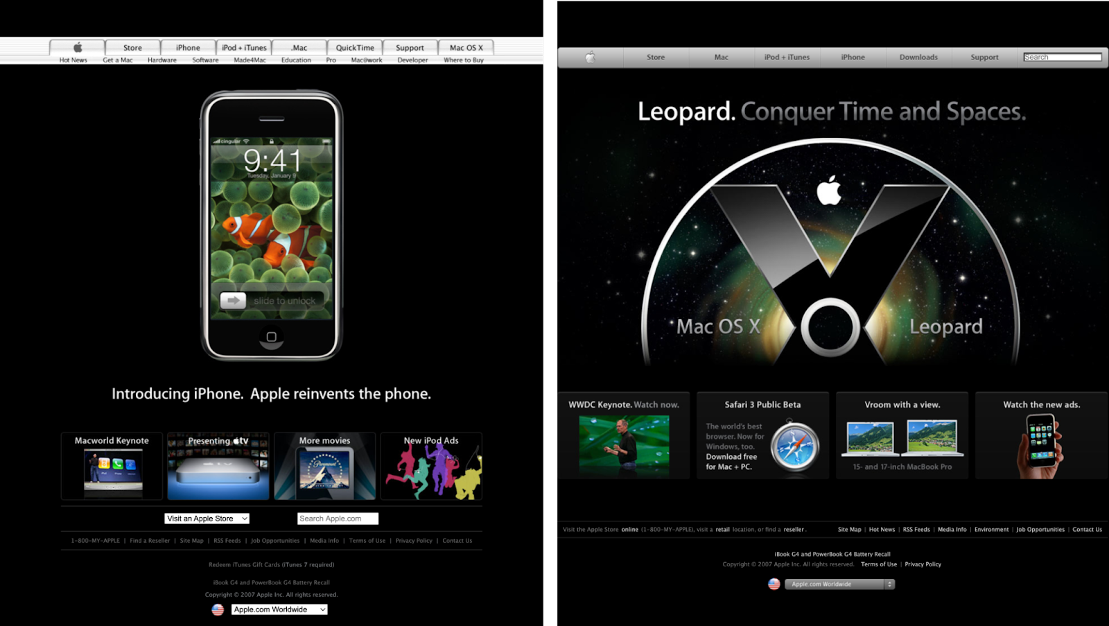 Two images side by side of Apple's homepages in 2007. Both feature dramatic all-black backgrounds, and the left introduces the first-ever iPhone, with an image of the photo taking up the entire hero. The second image on the right introduce's Apple's Leopard OS system in the hero.