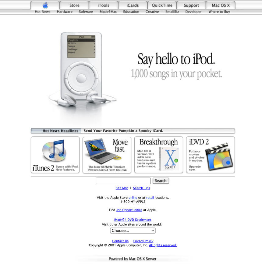 Apple's homepage in 2001, featuring the just-released first generation of iPods with the text: "Say hello to iPod. 1,000 songs in your pocket." The tabbed navigation is still present, as well as hot new headlines below the hero image.