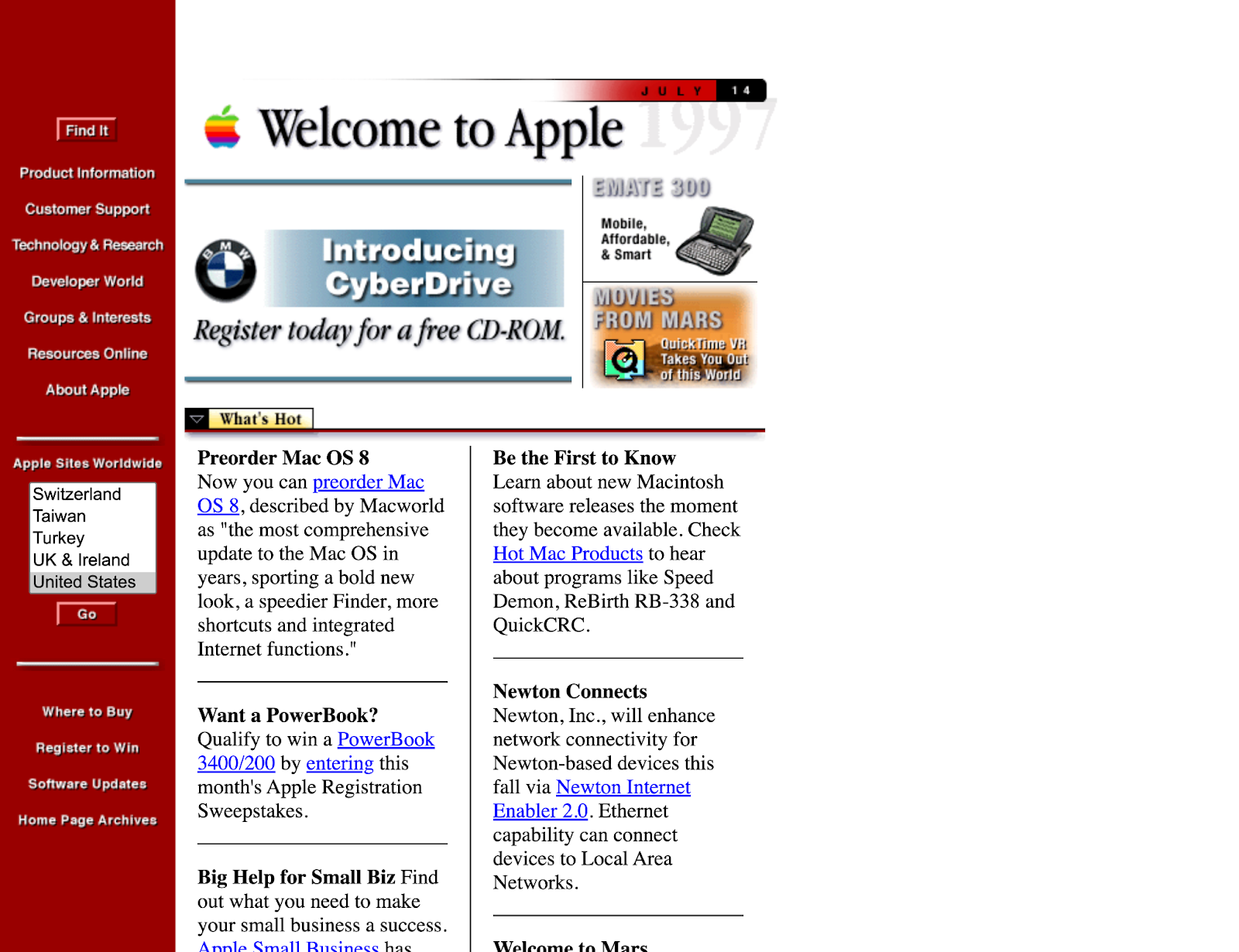 The 1990's version of the Apple website, a very-HTML forward site with basic information about the Mac OS 8, CD-Roms, and more. It features a left sidebar for navigation that is red and featuures simple hyperlinks with no design.