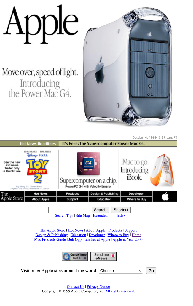 Apple's hero-driven homepage in 1999, featurea a large product impage of its Power Mac G4, a physical computer system.
