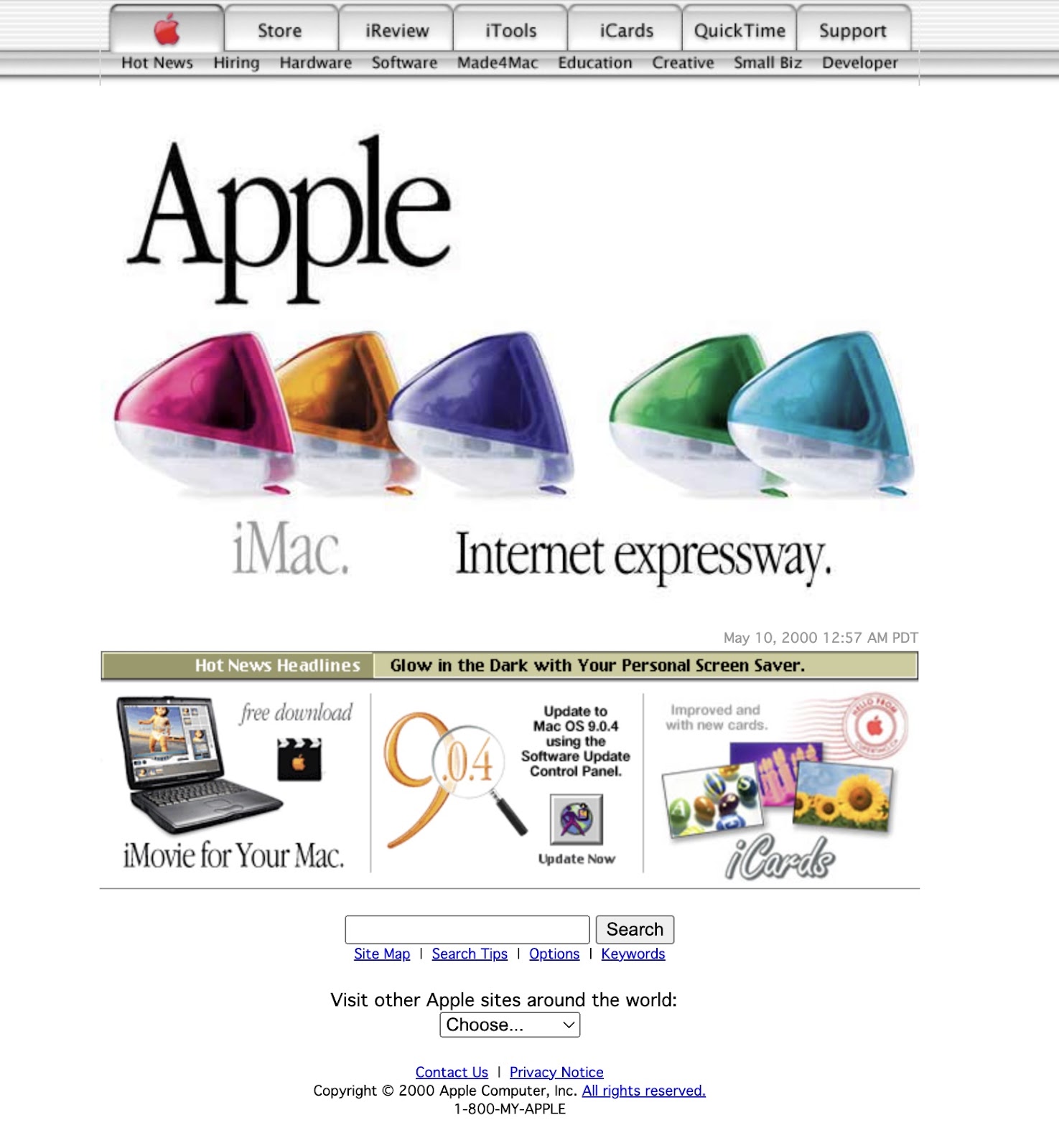 Apple's homepage in 2000, featuring tabbed navigation at the top reminiscent of binder tabs on divider pages. The hero image is of 5 iMac computers in pink, orange, purple, green, and blue.