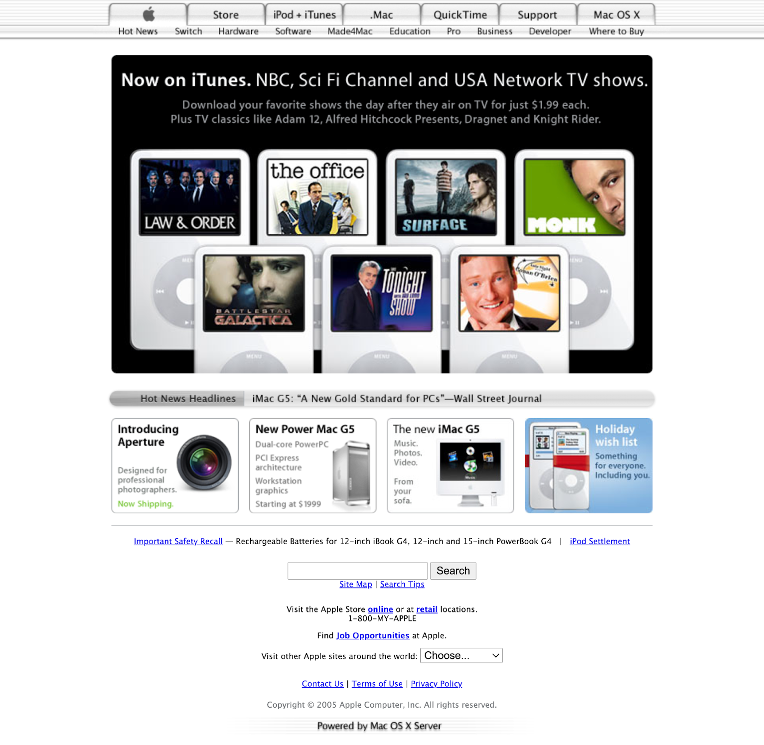 The Apple homepage in 2005, with iTunes taking center stage as the hero image. The tabbed navigation treatment is still present, as well as the Hot News Headlines below the hero. 
