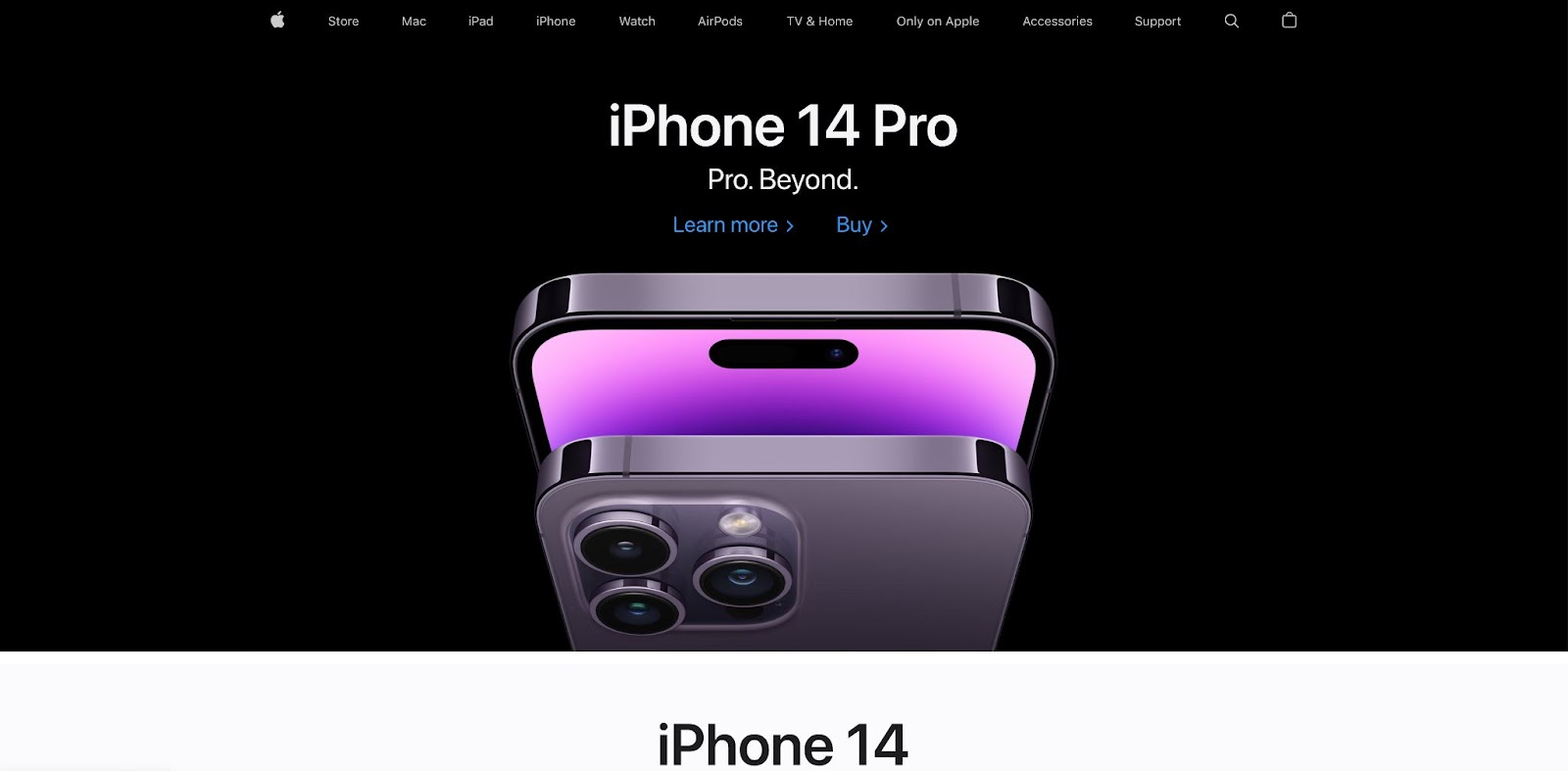 Apple's homepage in September 2022. The entire page has gone full black, and the hero image is a close up shot of the top half of a purple iPhone 14 Pro.
