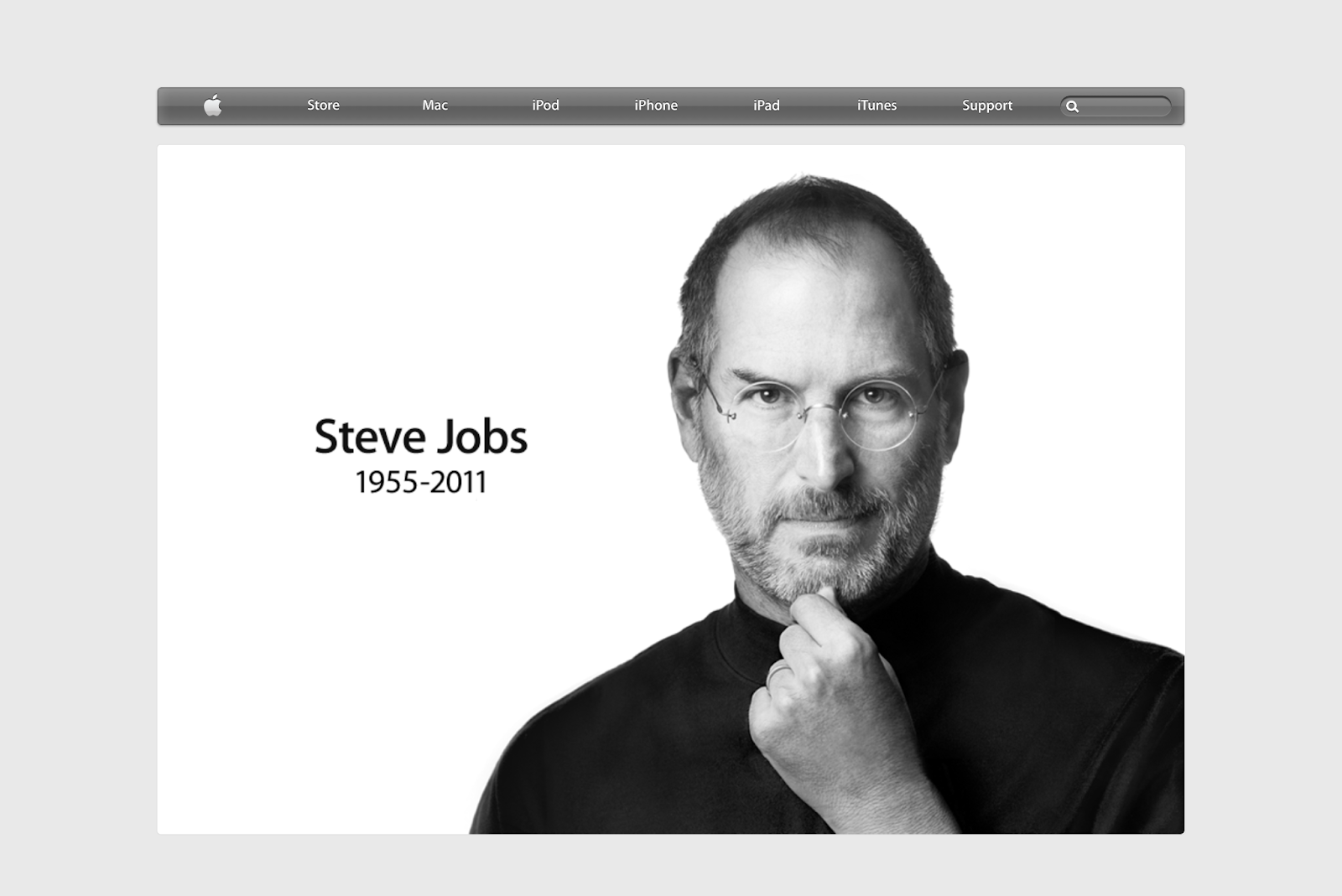 Apple's homepage in 2011, stripped back with a simple image of Steve Jobs, memorializing the company's leader after his death with the simple text of "Steve Jobs. 1955-2011" beside a black and white headshot of him.