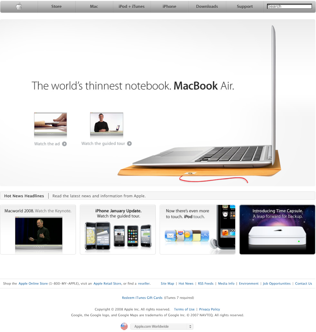 Apple's homepage in 2008 introducing the MacBook Air. The navigation no longer is a tabbed treatment but instead a flat, horizontal navigation menu.