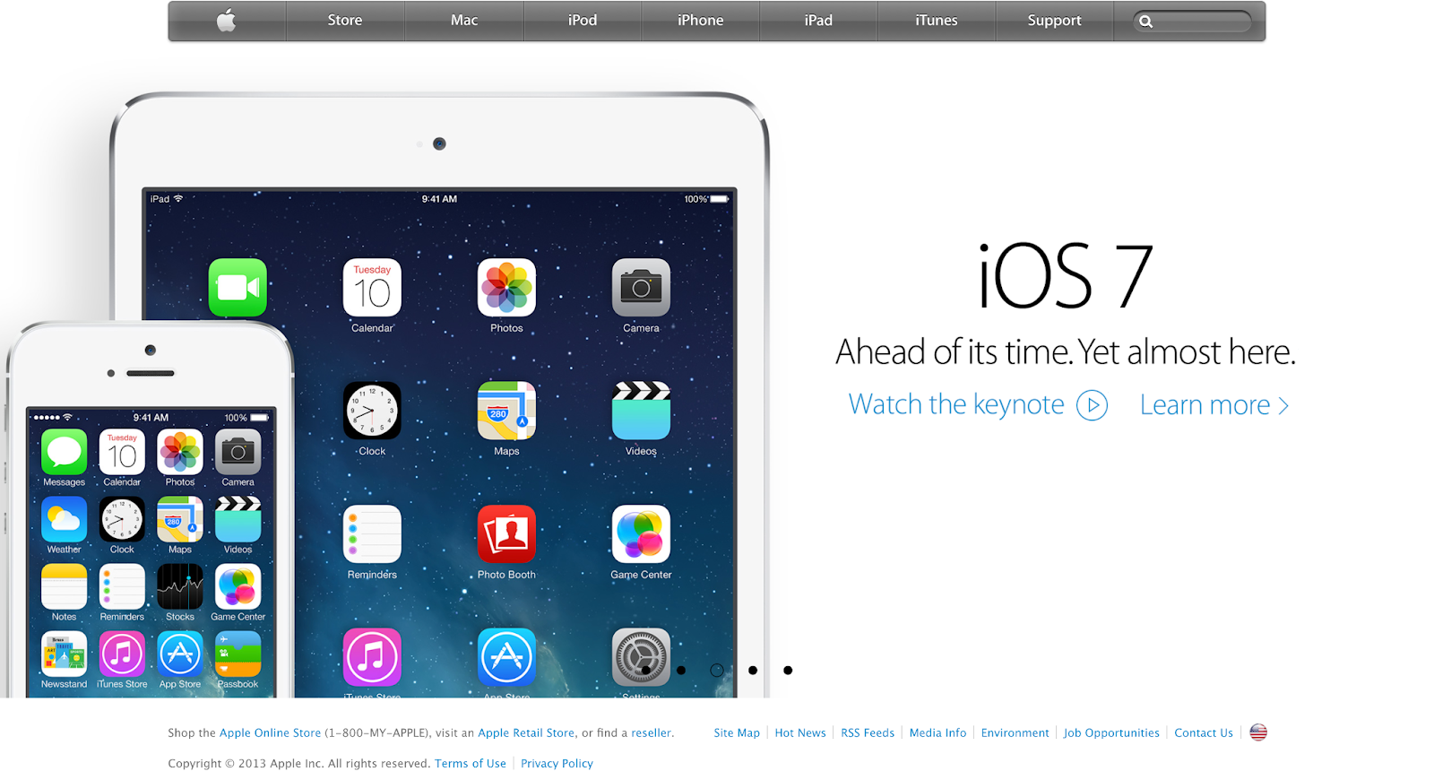 The Apple homepage in 2013 introduing iOS 7 for mobile devices. This hero image is zoomed shots of the iPhone and iPad running on iOS 7.