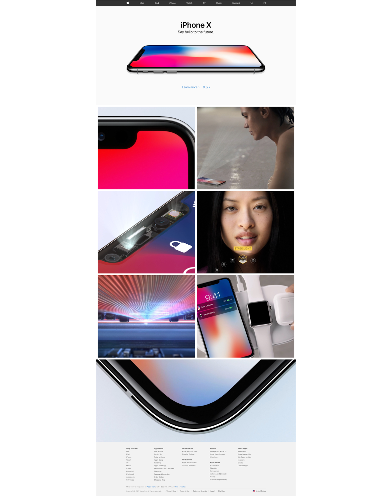 The Apple homepage in 2017 highlighting the new iPhone X with a brand new hero image layout. At the top of the page, the site nav menu is no longer transparent but rather black. Below it is a horizontal image of the iPhone laying flat. Below this is a 2x3 grid image layout with close up shots of the phone, people using it, and features like Portrait mode for the camera.