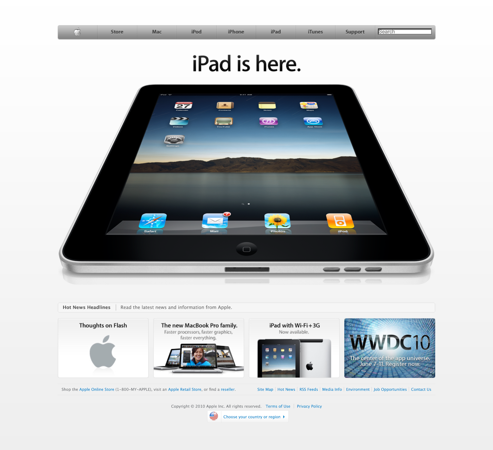 Apple's homepage in 2010 introducing the first iPad. The hero image is larger than ever and features a product image of an iPad laying flat, which helps conceptualize the real size of the product.