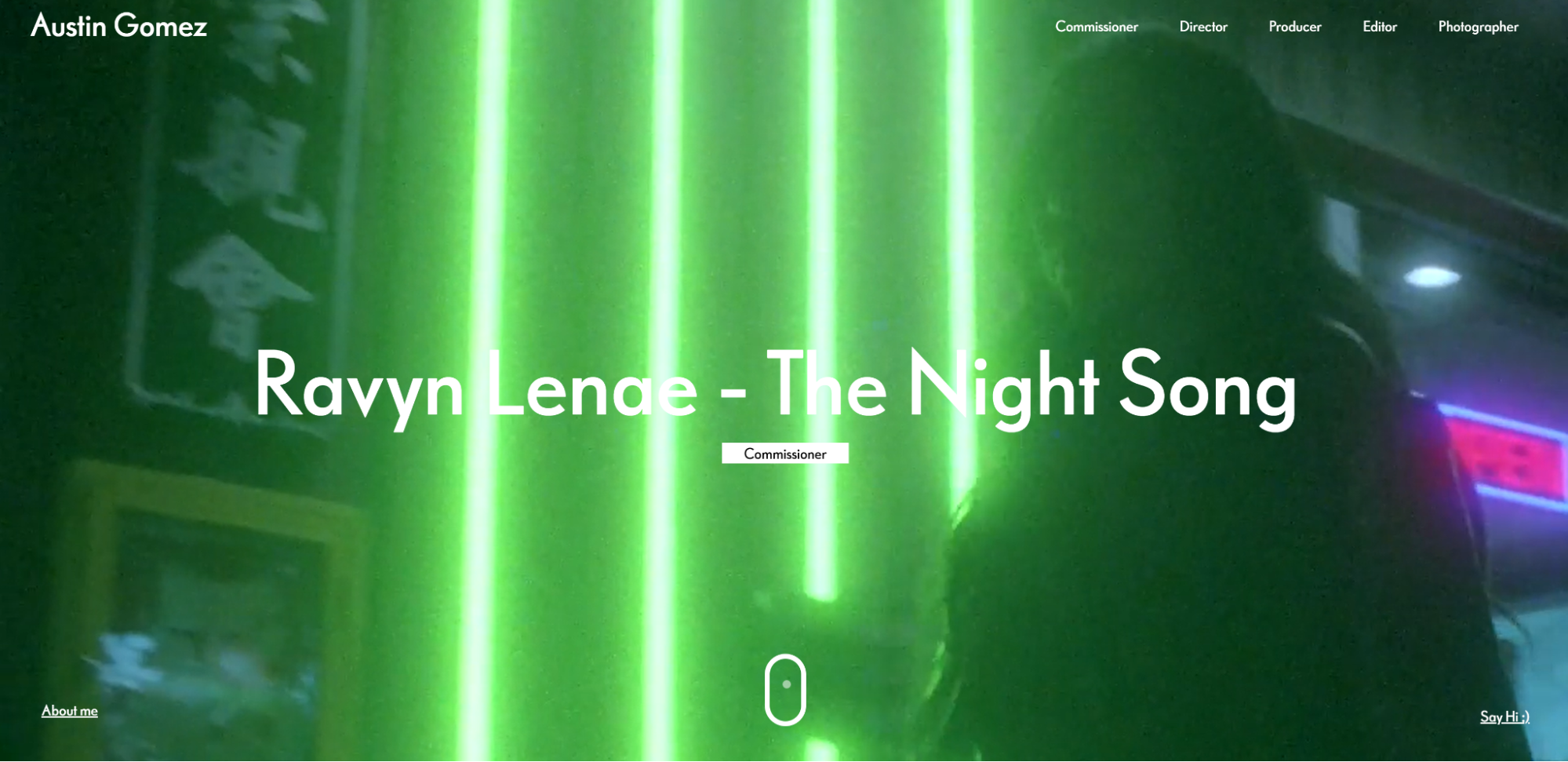 A screenshot of Austin Gomez’s website featuring an image of a girl walking past green neon lights