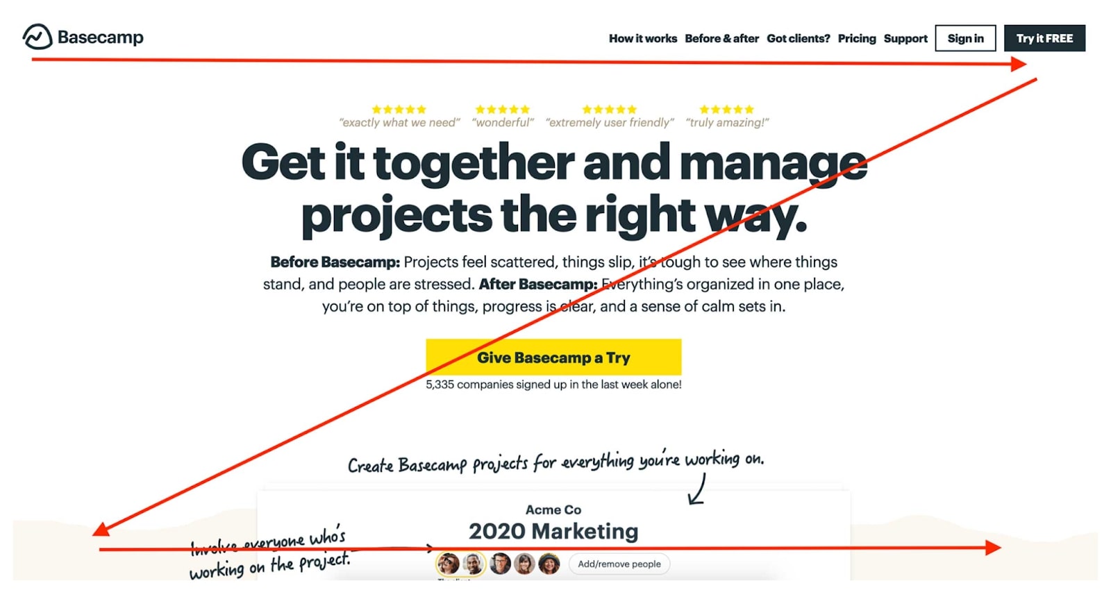 An image of how the Basecamp utilized visual heirarchy and whitespace.