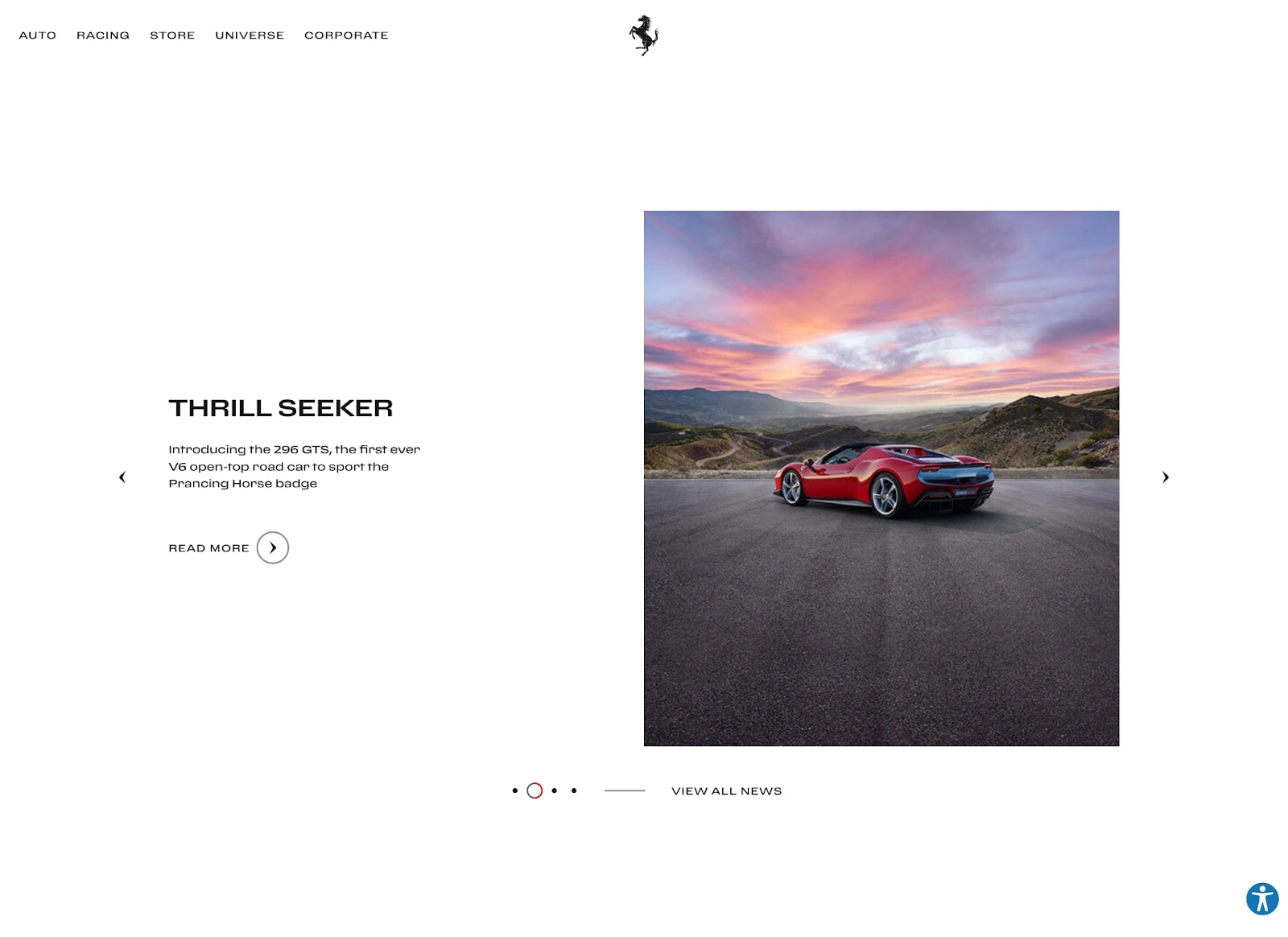 An image of the Ferrari website. It features their car set against a sunset and a short caption and CTA. Otherwise, the site is whitespace.