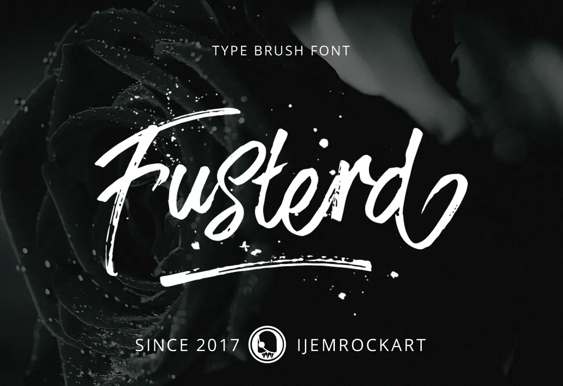 The type brush font “Fusterd” spells out its name in white text on a photo of a greyscale rose covered in water droplets.