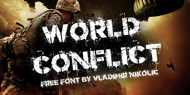 A stencil font called “World conflict” spells out its name and “free front by vladmir nikolic.”