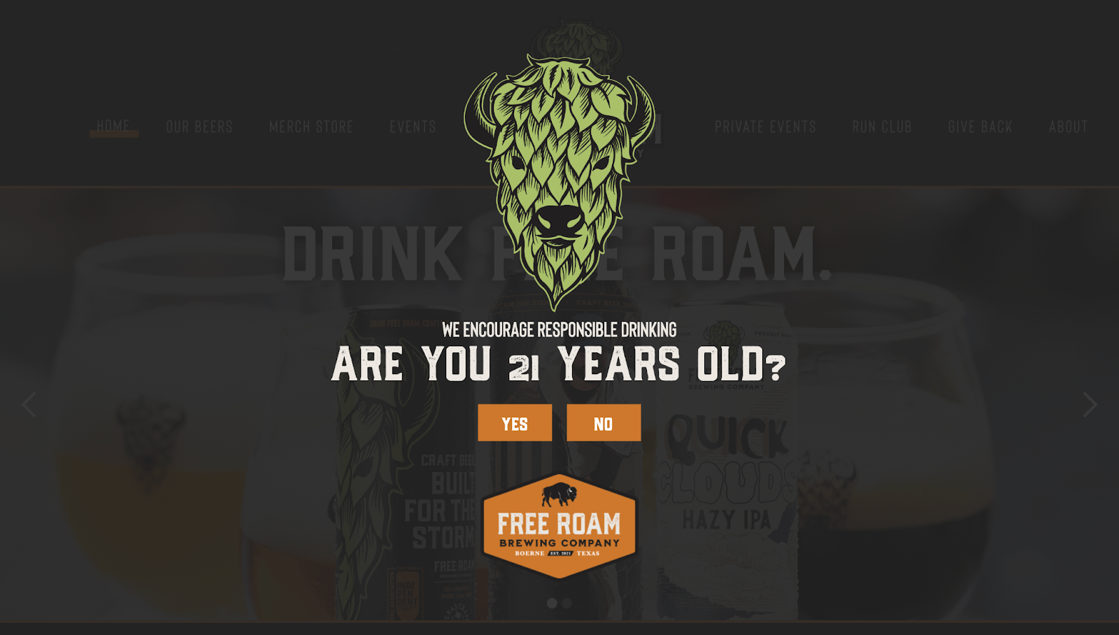 Free Roam Brewing Company’s website shows an age verification message on its splash page, with the company’s logo and a message encouraging responsible drinking.