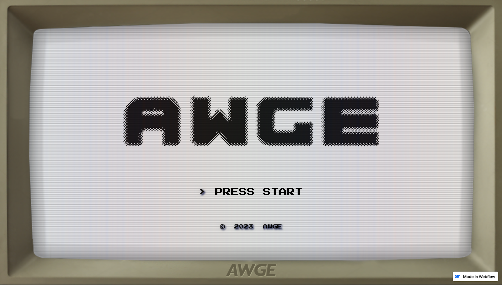 AWGE’s splash page has a retro theme, with the “AWGE” branding in the middle and a “PRESS START” button on an old computer screen background.