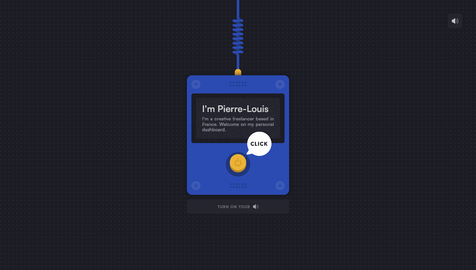 Pierre-Louis Labonne’s portfolio’s splash page shows a blue box that looks like a radio with text welcoming the visitor to the site and a “Click” button labeled in a thought bubble.