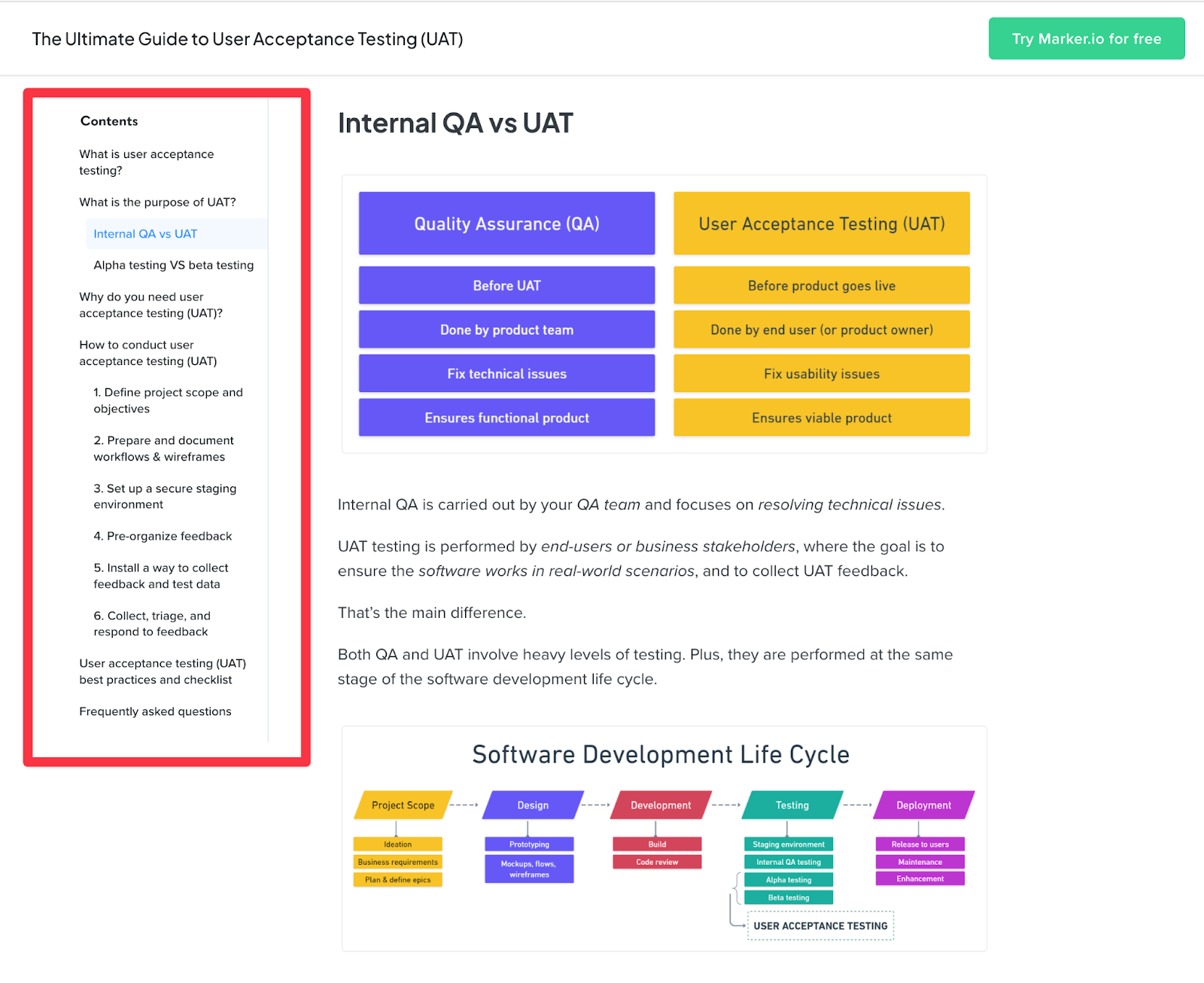 An image of the sticky sidebar on Marker.io's site.