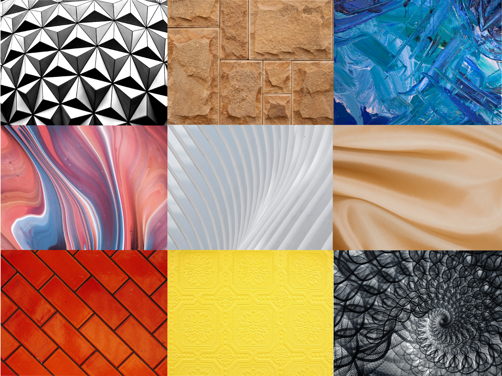 Nine human-made web textures, including bricks, paint, textiles, and fabric.
