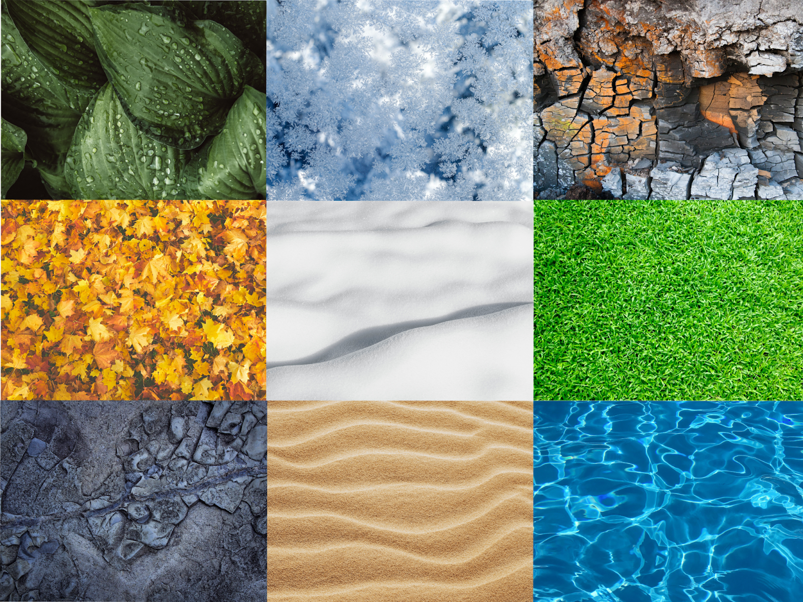 Nine natural web textures, including leaves, snow, ice, stone, grass, water, and sand